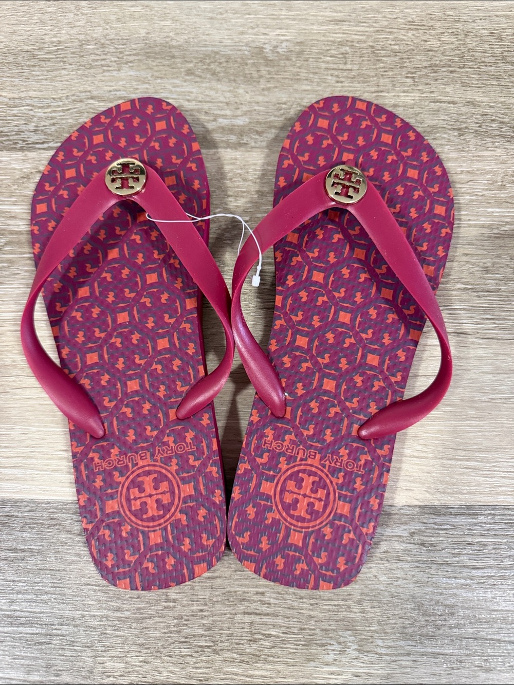 Tory Burch Red/Pink Logo Slice Pattern Flip Flop Sandals